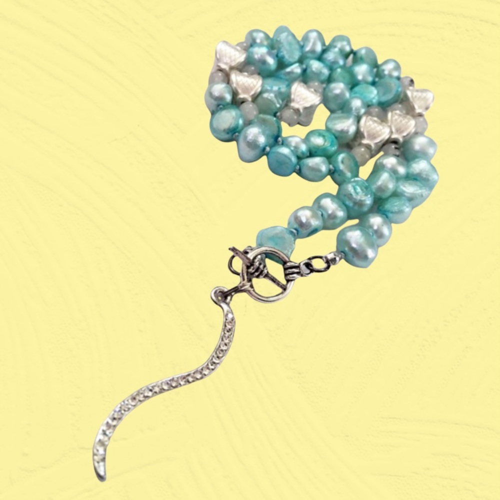 Hand Crafted Pearl Necklace Aqua Blue Green Freshwater Tourmaline Quartz Silk - Picture 2 of 8